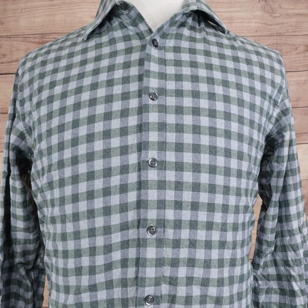 Jos. A. Bank Shirt Mens Medium Green Check Tailored Fit Flannel Button-Up